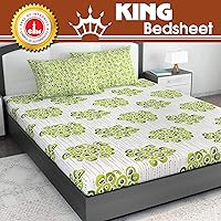 Divine Casa 100% Cotton Abstract 144 TC King Size Bedsheet with 2 Pillow Covers -Off White and Green