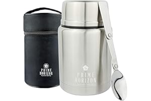 PRIME HORIZON SUPREME QUALITY Prime Horizon Food Flask - 500ml Stainless Steel Vacuum Double Wall Jar with Folding Spoon, Leakproof and BPA Free. Free Insulated Travel Bag with Carabiner and Gift Box (Silver)