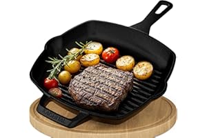KAISERTAL® Grillpfanne - 27cm Premium Grillpfanne Gusseisen. Die Gusspfanne ist Induktionsgeeignet, Voreingebrannt und Backofengeeignet. Inkl. Rezeptbuch