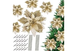 SULOLI 12 Pezzi Fiori per Albero Natale,Fiore Finti con Clip,Fiori Artificiali con Glitter Polvere per Decorazioni Natalizi,Ghirlanda (Oro)
