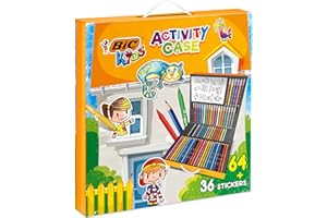 BIC Kids Activity Case, Maletín Creativo de 100 Piezas que incluye 24 Lápices, 24 Rotuladores, 16 Crayones y 36 Adhesivos. Incluye 36 stickers. Ideal para regalo, diversión asegurada.