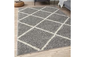 THE RUGS Shaggy Rug – Modern Moroccan Design Rugs for Living Room, Bedroom, Hallway, 3 cm Thick Area Rugs, (Diamond Grey/Ivory, 60x110cm)