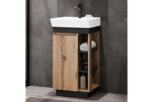 Planetmöbel Nyx Badmöbel Set 2-teilig Waschtisch mit Unterschrank 50 x 85,9 x 42 cm Wotan Eiche/Anthrazit, Waschtisch inkl. Bad-Armatur schwarz