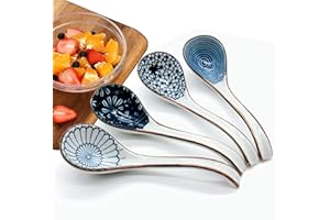 SAMLAK Cuchara de sopa de 4 piezas, cuchara de sopa japonesa y coreana, mango curvado, ramen de cerámica china, cuchara de arroz, cuchara de sopa para pho, wonton, fideos