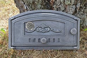 SEZAM Backofentür aus Gusseisen mit Thermometer 500 °C, nach links öffnend, Pizzaofentür - Brotofen - Steinofentür, 48,5 x 6,5 x 27,5 cm - halbrund, ohne Bemalung