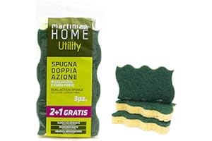 martini SPA - Home Utility - Éponges Double Action en Cellulose et Fibre détartrante, Fibre Verte, Cellulose Naturelle, 11,5 x 7,5 x 1,5 cm, 54 g, 3 unités