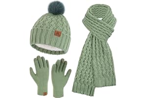 Bequemer Laden Femmes Hiver Bonnet Écharpe Longue Gants Tactiles Ensemble Bonnets Chaud Tricot avec Pompon Doublure Polaire Cadeau Femme