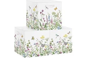 Clastyle 3 pcs Flowers Cube Storage Unit Boxes Foldable Kallax Box for Shelves Parents Storage Baskets for Book Clothes Toy Organizer,Green,11.8x11.8x11.8 in