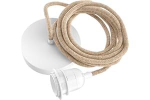 Hoopzi - Câble Suspension Luminaire Corde et Blanc - Fil Electrique en Tissu 2,5m - 1 x Ampoule Douille E27 - Pour Salon, Cuisine, Chambre - Modèle Hang 1