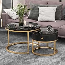 Set Of 2 Black Marble Nesting Coffee Tables - Modern Fluted Design With Wood Frame & Aluminum Trim