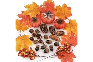 Meiwlong 29pcs Künstliche Kürbisse Dekor Set Mini Herbst Ernte gefälschte Kürbisse mit Ahorn Blätter Eichel Kiefer Kegel Beeren für Halloween Thanksgiving Bauernhaus