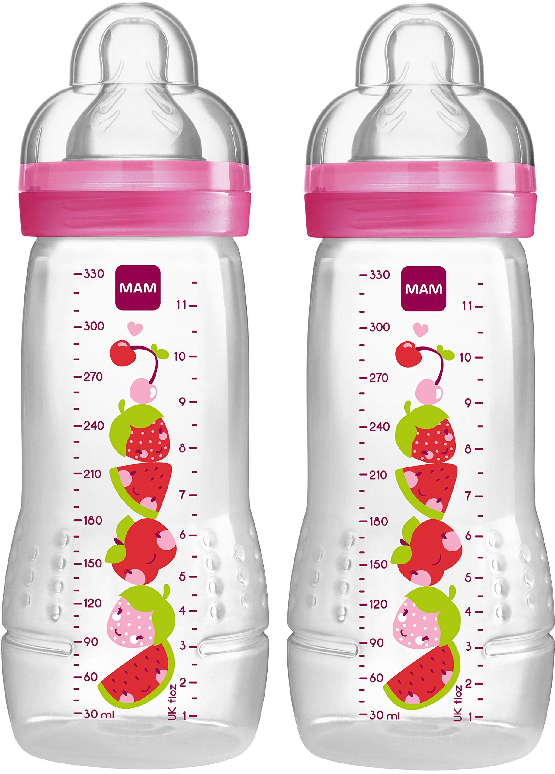 MAM 330ml Baby Bottle With Spill Free Lid Fast Flow Teat (Pink, Pack