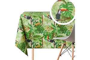 KP HOME Verte Nappe Toile Cirée Motif à Jungle Feuilles Oiseaux Toucan - Nappe PVC Palm Vert Toile Ciree Rectangulaire 140x250 Facile à Nettoyer Nappe Plastique Imperméable Nappe Rectangulaire Toile Ciree
