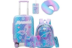 HTGROCE 5-Piece Children's Suitcase, Children's Trolley with Backpack, Neck Pillow, Lunch Bag, Pencil Case & Suitcase Tag, Children's Luggage with Wheels, Hand Luggage, Travel Suitcase, Hard Case for Girls,