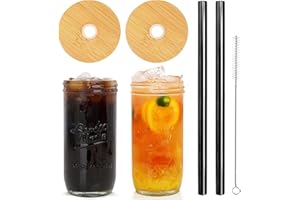 ANOTION - Barattolo con coperchio e cannuccia, 680,4 g, a bocca larga, riutilizzabile, per frullato, caffè, margarita, gelato, cocktail, viaggi, ufficio, casa, 2 confezioni