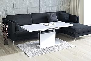 MAZZONI Design Couchtisch Tisch Aston Weiß Hochglanz stufenlos höhenverstellbar ausziehbar 120 bis 200cm Esstisch