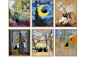 A ART·ZONE Affiche de décoration de chat Impression sur toile 8x10 Pouces Sans cadre Ensemble de 6 Affiche fun Van Gogh Impression d'art mural sur toile Art décoratif mural salle de bain