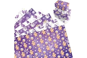 MORAINJAY 12 Fogli Carta Regalo Natale Viola, Carta da Regalo Natalizia con Pupazzo di Neve e Omino di Pan di Zenzero per Ragazze, Compleanno Invernale, Festa e Regali Bambini, 68 x 50 cm