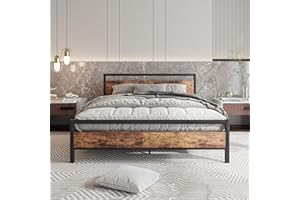 HOJINLINERO King Size Bed Frame with Wooden Headboard,Metal Platform Bed Frame King Size Mattress Base,Metal Slat Support and Underbed Storage Space,Solid Metal Bed Frame Double Bed,Black