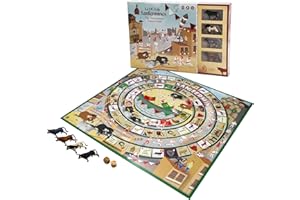 DQB DEQUBE DeQube 924D00180 Jeu de l'oie de San Fermin – Comprend 4 Mini taureaux de Collecte et dés en Bois – Dimensions Plateau 50 x 50 cm