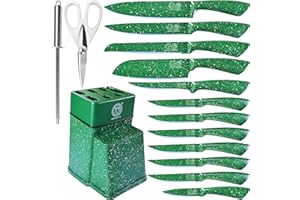 XYJ Authentic Since 1986 - Set di coltelli da cucina in acciaio inox con portacoltelli, manico verde, coltelli da cucina giapponesi, coltello da bistecca, coltello trinciante, coltello da pane