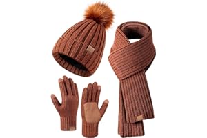 FISFET Mütze, Schal & Handschuh-Sets für Damen, Beanie Mütze Damen Winter mit Bommel Fleece Gefütterte, Touchscreen Handschuhe Schal Wärmer Mütze Damen 3 in 1 Set