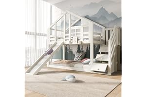 LATICO Children's Bunk Bed 90 x 200 cm for 2 Children, House Bed with Slide & Stairs Storage Compartment, Wooden Bed Frame with Fall Protection and Slatted Frame, Window, Without Mattress, White