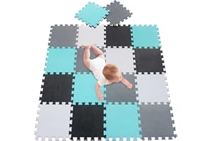 meiqicool Alfombrillas para Puzzles | Alfombra Puzzle para Niños Bebe Infantil Suelo de Goma EVA Suave 142 x 114 cm 18 Piezas Blanco-Negro-Turquesa-Gris