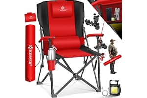 KESSER® Sedia da Campeggio Pieghevole Fino a 160 kg, Imbottita con Braccioli, Luce da Campeggio, Portabicchieri, Borsa con Schienale Alto, con Porta Canne da Pesca, Rosso/Nero