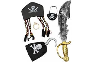 JOYIN Toy Halloween Pirate Costume Set Including Hat, Eye Patche, Sword, Ear Ring and Hook