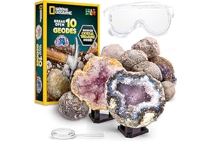 BLUE MARBLE NATIONAL GEOGRAPHIC Break Open 10 Premium Geodes – Includes Goggles & Display Stands - STEM Science Kit, Geology Gift for Kids, Break Your Own Geodes