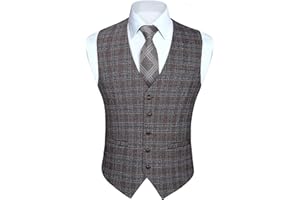 HISDERN Gilet da Abito da Uomo a Quadri Classico Elegante Panciotto Uomo in Cotone Formale Casual Scozzese Senza Maniche da Matrimonio con Tasche