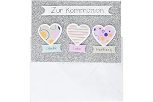 Perleberg Kommunionskarte in 11,6 x 16,6 cm - Hochwertige Glückwunschkarte zur Kommunion im Glimmermotiv mit 3 Herzen - Karte zur Kommunion Jungen - Ideal für Geldgeschenke, 7120022-2, Grau