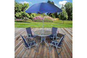 marko 6PC Garden Patio Furniture Set Outdoor Navy 4 Seats Round Table Chairs & Parasol