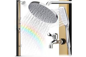 DIRKS-TRAUMBAD Solardusche Gartendusche 35L Tank mit Handbrause 20cm Duschkopf Edelstahl Font Fußdusche Garten Aussendusche Solar mit Regler Pooldusche Warm Kalt ohne Bodenplatte Gold