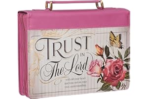 Christian Art Gifts Rose Pink Floral Fashion Bible Cover for Women: Trust in The Lord - Prov. 3:5 Inspirational Scripture Verse, Vintage Vegan Leather Book Carry Case Bag w/Stationery Storage, Large