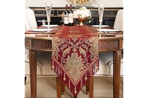 TOPLUXE Table Runner with Handmade Tassels, Damask Table Runner for Dining Room/Restaurant/Banquet/Christmas Decoration (33x180cm, Burgundy)