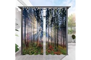 ANHOPE Outdoor Curtains Waterproof Eyelet Ring Top Drapes Nature Forest Tree Woodland Scene Print Pattern Privacy Outside Curtains for Garden Patio Gazebo Pergola Pool Porch 2 Panels 52 x 84 Inch