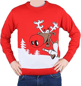Weihnachtspullover Herren Lustig - Ugly Christmas Sweater Mit 3D Rentier-Muster