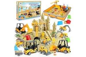 HELSORT Sand Construction Site Kit - 36 Pcs Play Sand Art Kit with 8 Construction Trucks, Folding Sandbox, 2.2 lbs Magic Sand, Crane, Worker, Road Signs, Molds, Shovel - Ideal Toys for Boys Girls Age 3-8