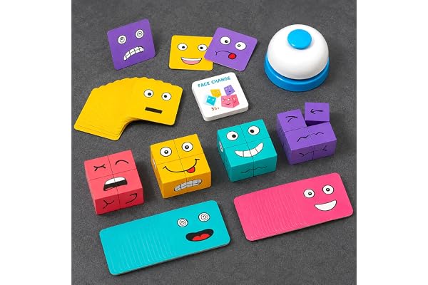 VGRASSP 16 Pcs Face Changing Wooden Blocks Puzzle Toy for Kids with 72 Funny Face Cards and Bell - Educational, Mix-and-Match Expressions, Brain Teaser Game - Color As Per Stock