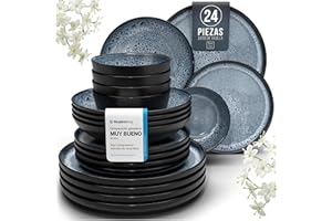 PURE LIVING INTERIOR DESIGN Juego de Vajilla de Steingut Ibiza para 6 Personas - 24 Piezas, Set de Vajilla para Lavavajillas y Microondas - Moderno Juego de Platos - Servicio de Pure Living en azul humo