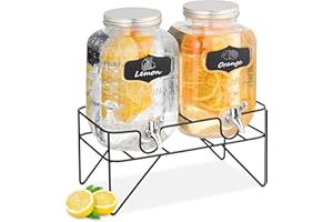 Relaxdays 2 Dispenser in Vetro per Bevande, Erogatore da 4 L con Rubinetto e Supporto, Distributore Acqua e Limonate
