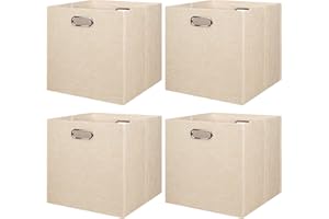 BinWhiz 4 Pack Collapsible Linen Storage Cubes - 33x33x33 cm Fabric Bins for Kallax Shelves, Cabinet, Bookcase, Closet - Versatile Home Organizer Boxes for Decor and Laundry (Beige)