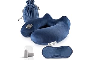 MNT10 Podróżna poduszka dmuchana z maską do snu, zatyczkami do uszu i torbą transportową I Poduszka na szyję nadmuchiwana z miękkim aksamitnym pokrowcem I Poduszka na szyję do podróży, samolotu