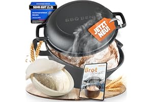 BBQ Ben Gusseisentopf mit Gärkorb [5L] - Brotbacktopf aus Gusseisen mit Deckel & Leinen-Gärkorb | Gusseiserner Topf zum Brot backen, Braten & Schmoren | Dutch Oven inkl. eBook