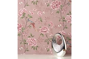 GAULAN 681990 - Papel pintado de pájaros y flores fondo texturizado efecto fibra vegetal rosa para pared salón cocina baño dormitorio comedor - Rollo de 10 m x 0,52 m