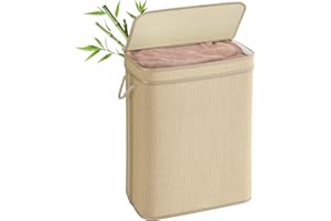 SONGMICS Laundry Basket, Laundry Hamper, 90 L Bamboo Clothes Organiser, Removable Liner, Machine Washable Bag, with Lid, Handles, for Bedroom, Living Room, Natural Colour LCB067Y01