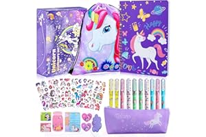 aovowog Licorne Papeterie Cadeau pour Fille 6 7 8 9 10 11 12 Ans, Licorne Ensemble de Jouets Licorne pour Filles, Comprend Sacs de Cordon et Trousse Scolaire et Carnet et Autocollants et Stylos Gel