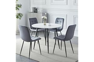 HomJoy Round White Slate Dining Table and Dining Chairs Sintered Stone Marble Kitchen 90cm Table and Dark Grey Dining Chair Black Metal Legs for Home Office Dining Room (Dark Gray, Table and Set 4)